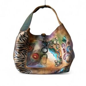 Anuschka hand painted leather bag peacock zebra floral purse